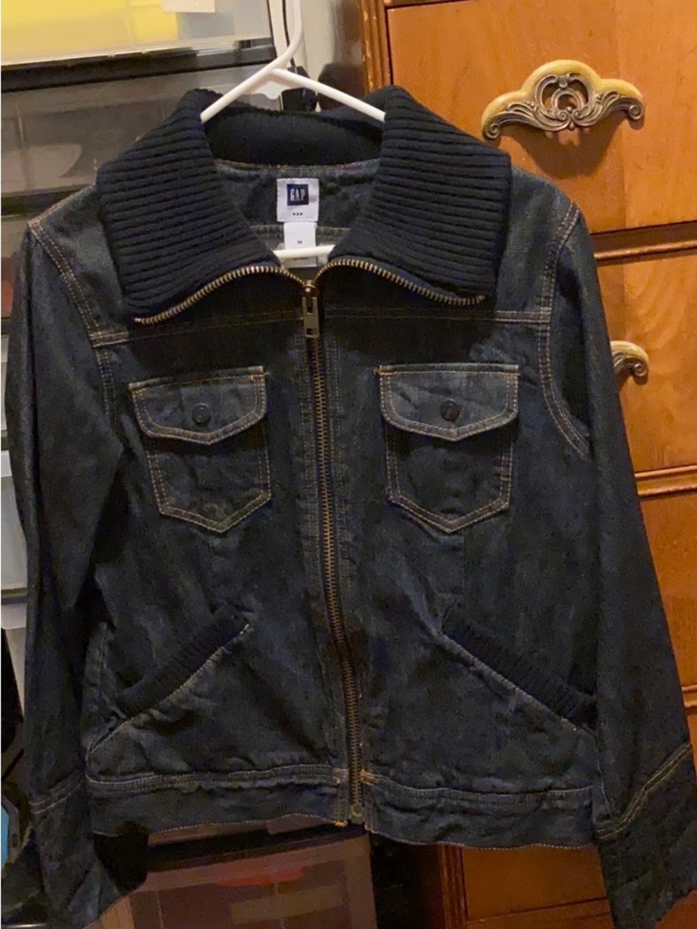 GAP Dark Blue Denim Zip Jacket with Ribbed Collar